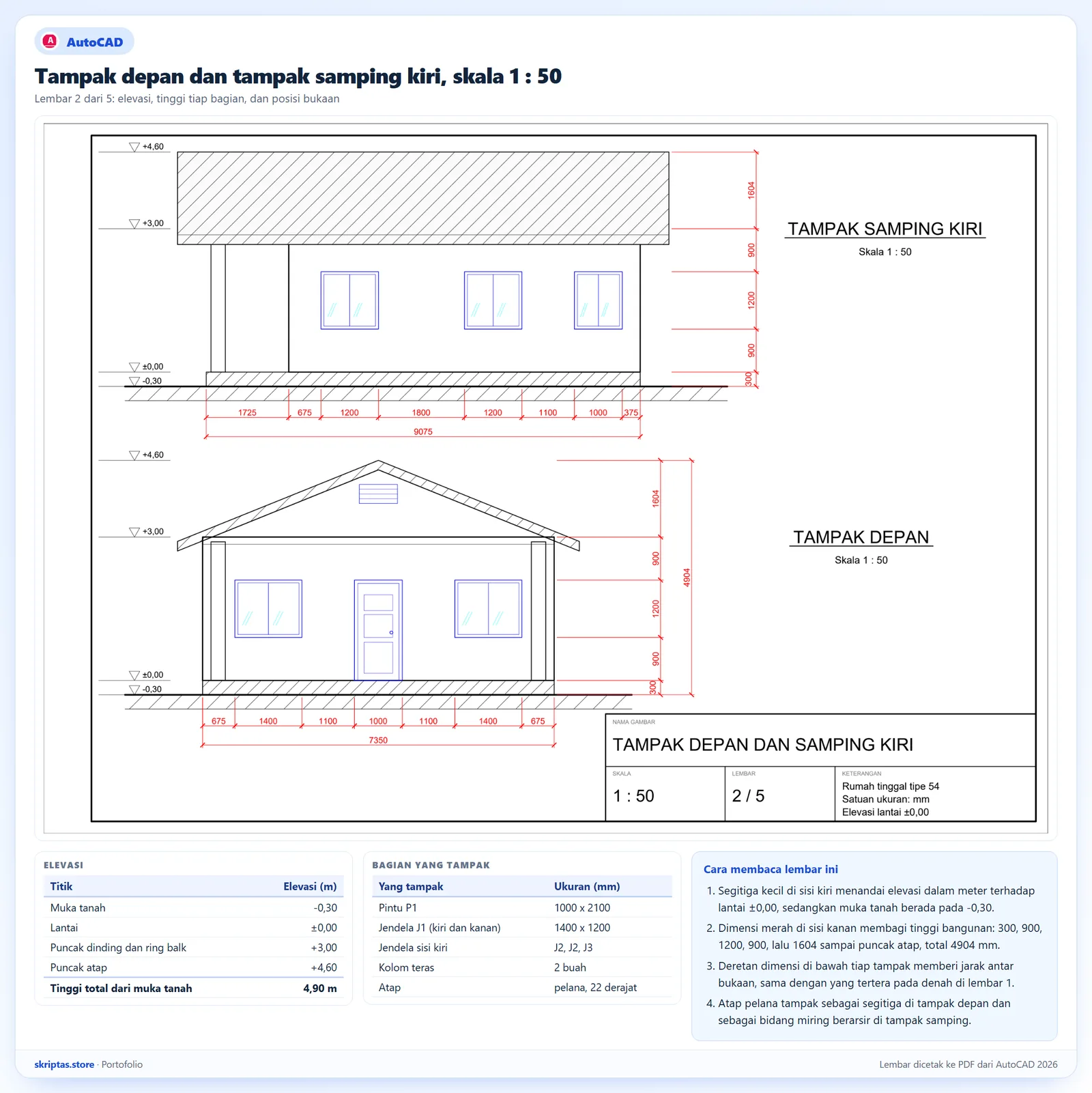 Tampak depan dan tampak samping kiri rumah tinggal tipe 54 skala 1:50 dengan tanda elevasi dan dimensi tinggi, dicetak dari AutoCAD
