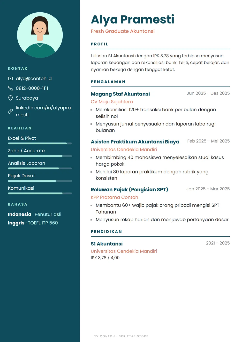 Contoh desain CV gaya sidebar teal, fresh graduate (tokoh fiktif)