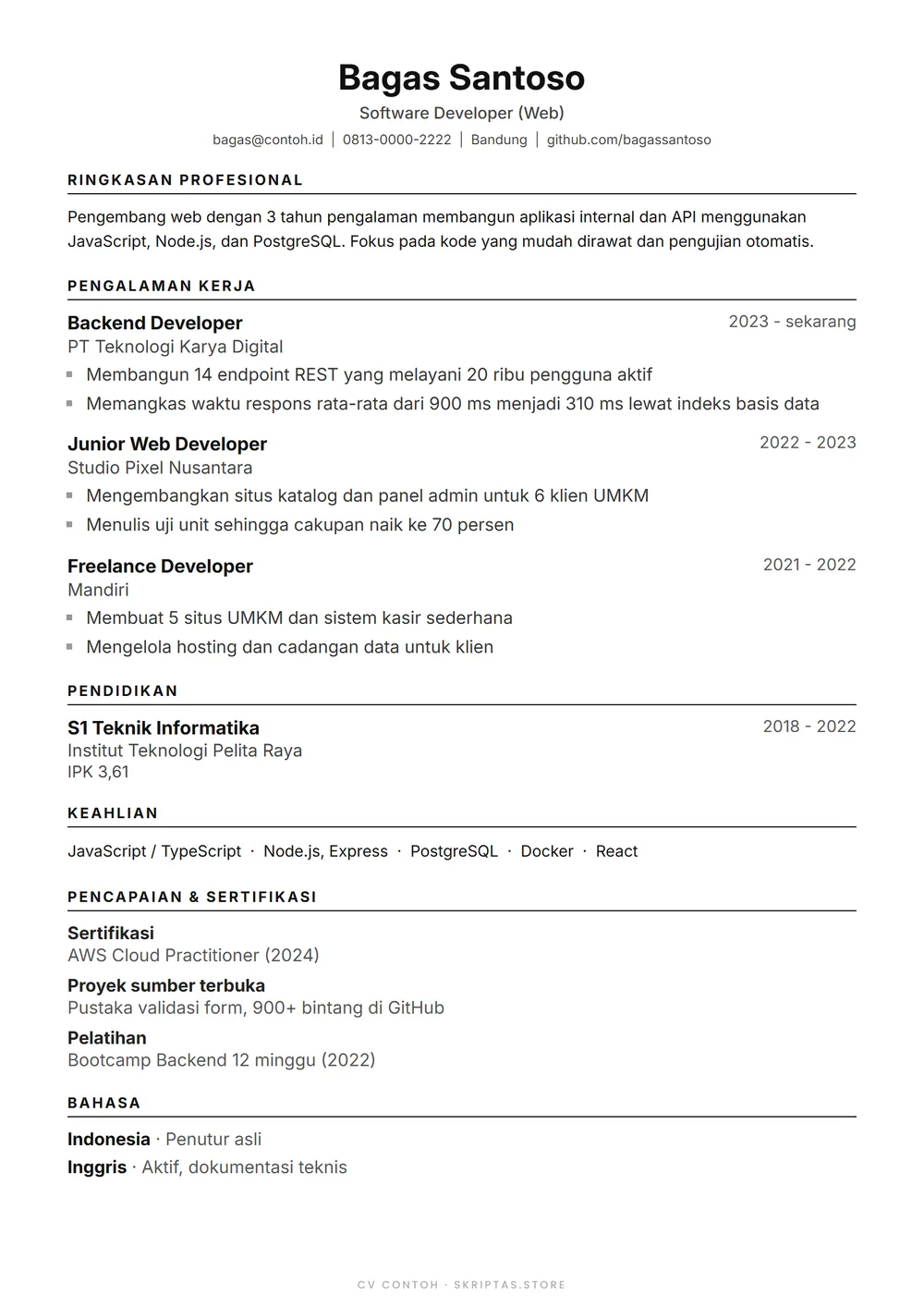 Contoh desain CV gaya ats polos, pengembang web (tokoh fiktif)