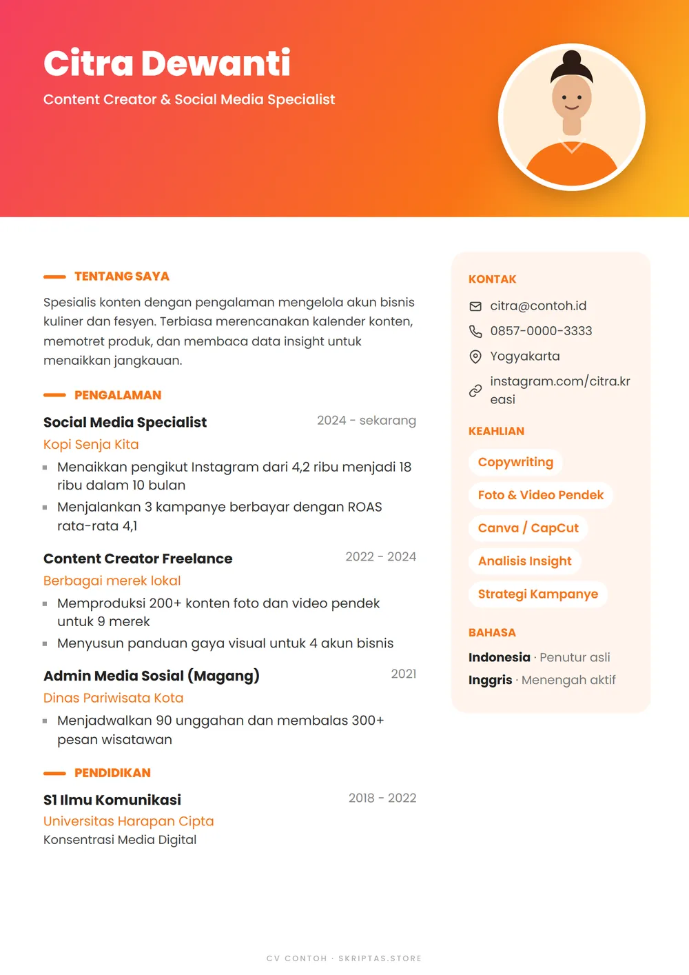 Contoh desain CV gaya pita warna, kreator konten (tokoh fiktif)