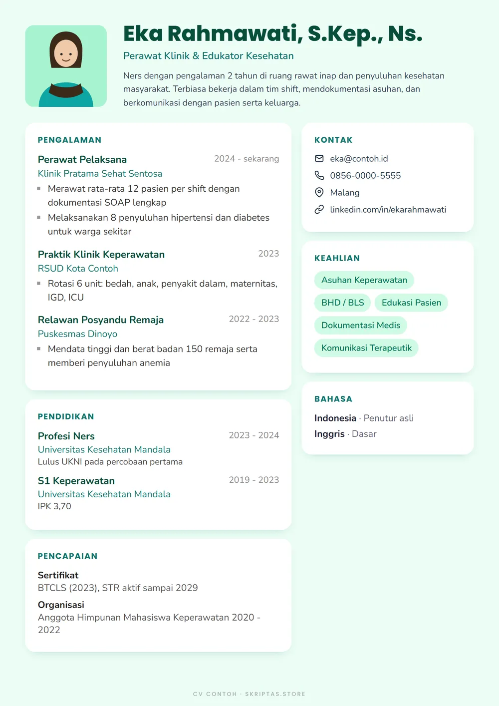 Contoh desain CV gaya kartu mint, tenaga kesehatan (tokoh fiktif)