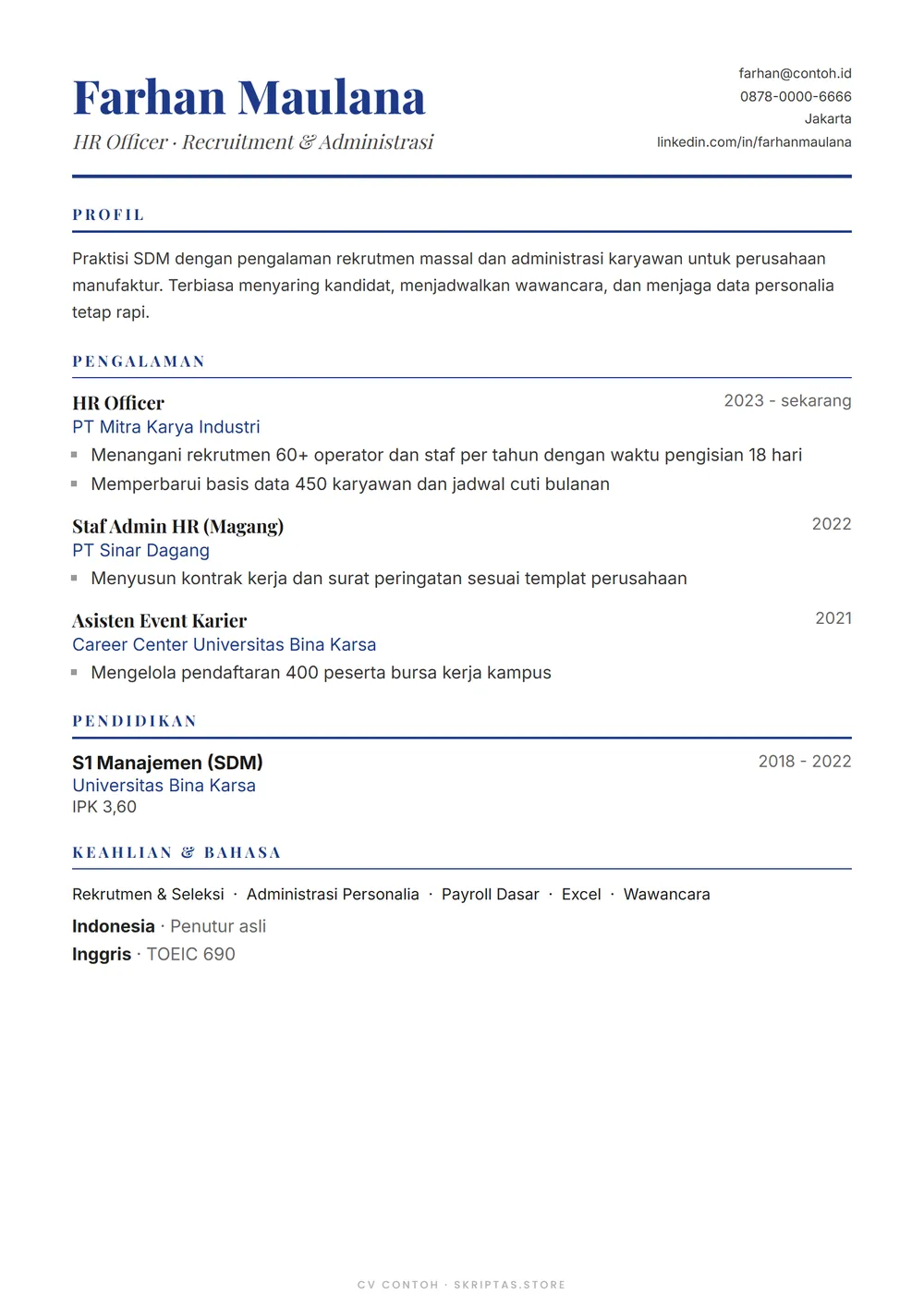 Contoh desain CV gaya serif klasik, sdm (tokoh fiktif)