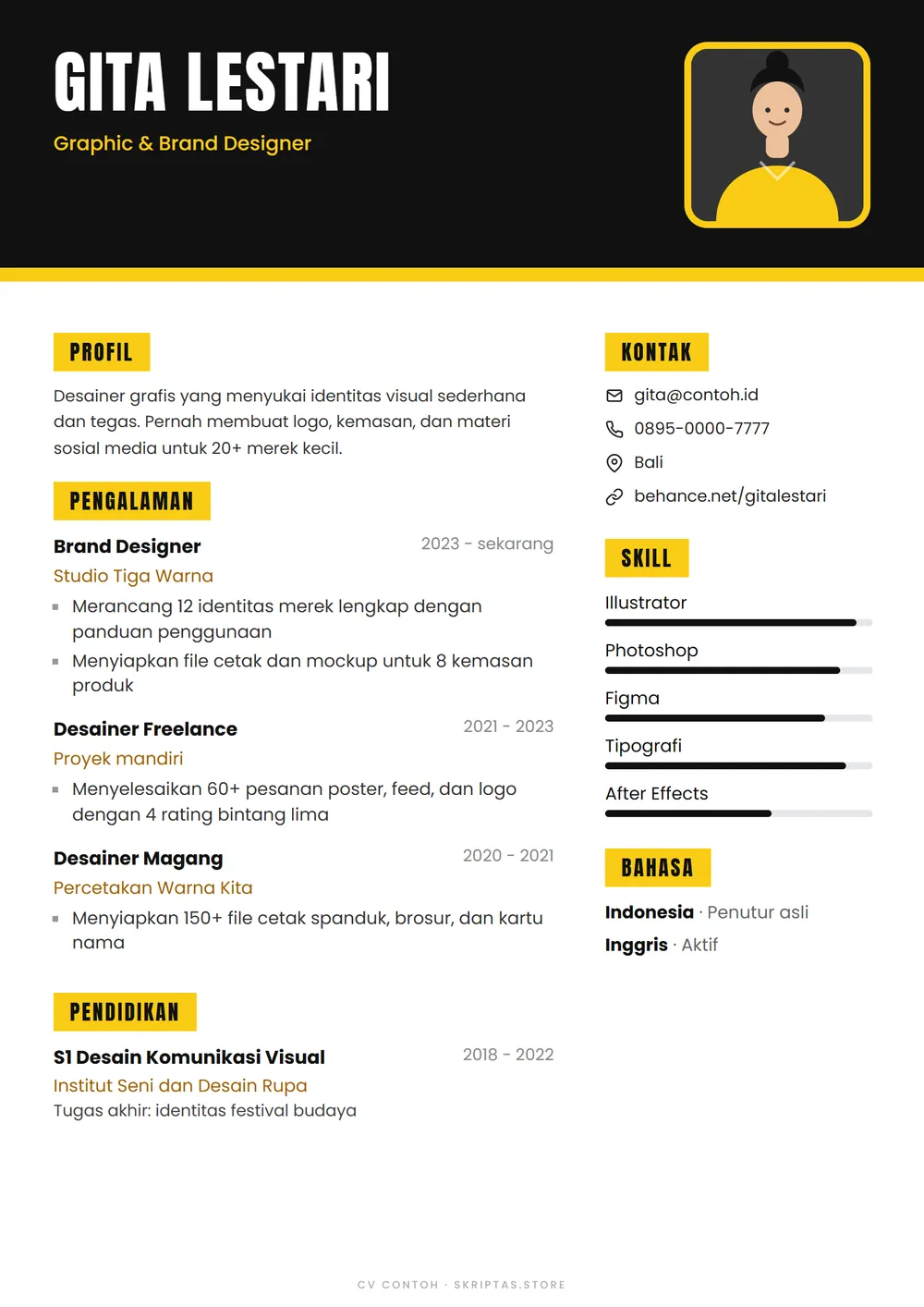 Contoh desain CV gaya hitam kuning, desainer (tokoh fiktif)