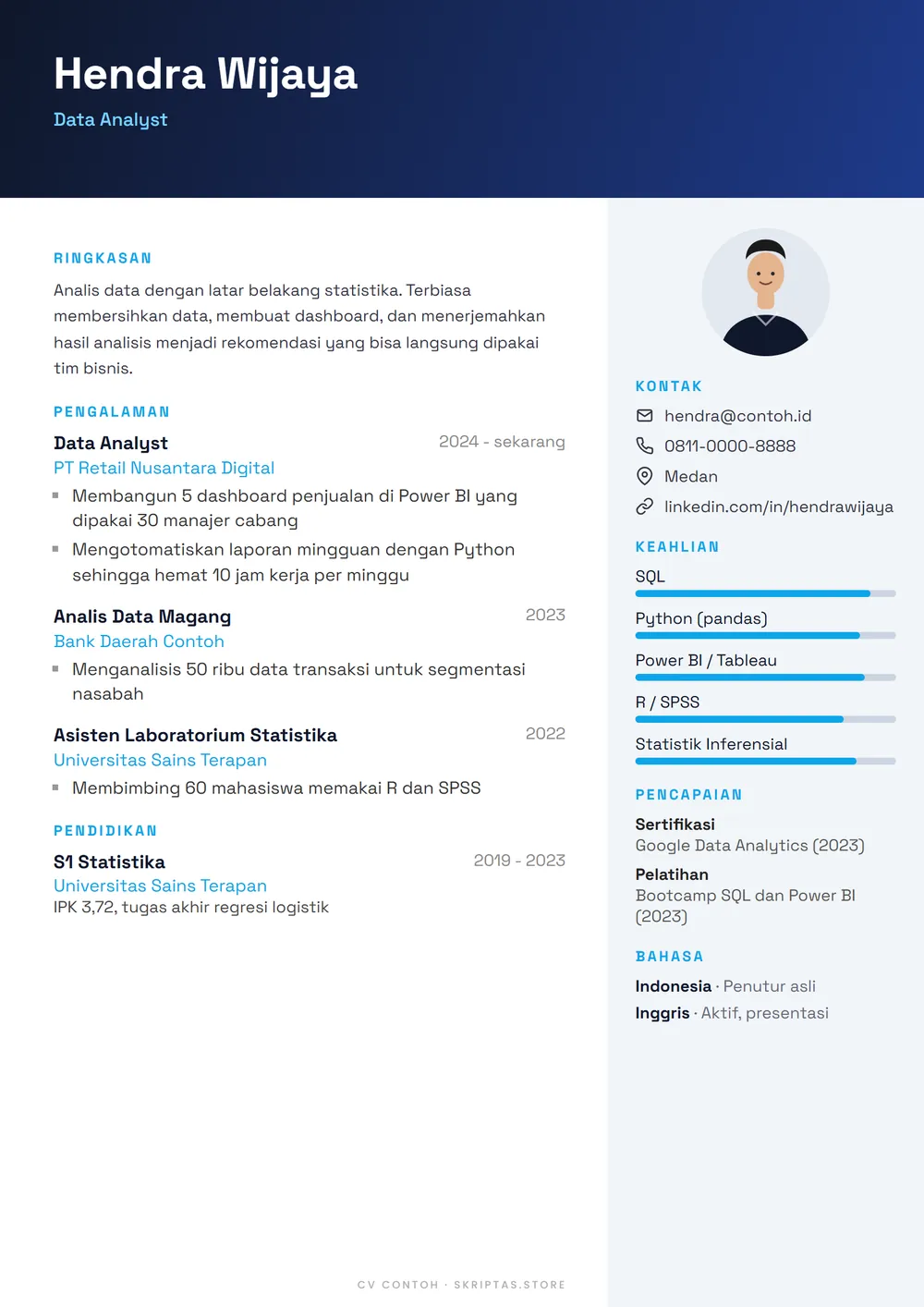 Contoh desain CV gaya sidebar kanan, analis data (tokoh fiktif)