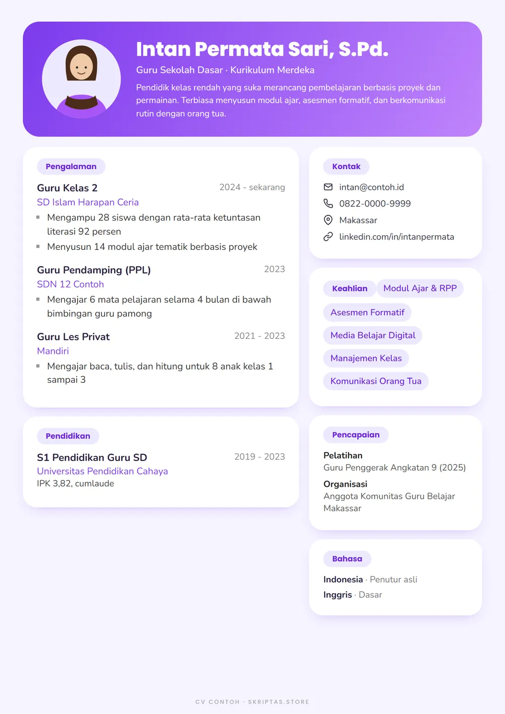 Contoh desain CV gaya kartu ungu, guru (tokoh fiktif)
