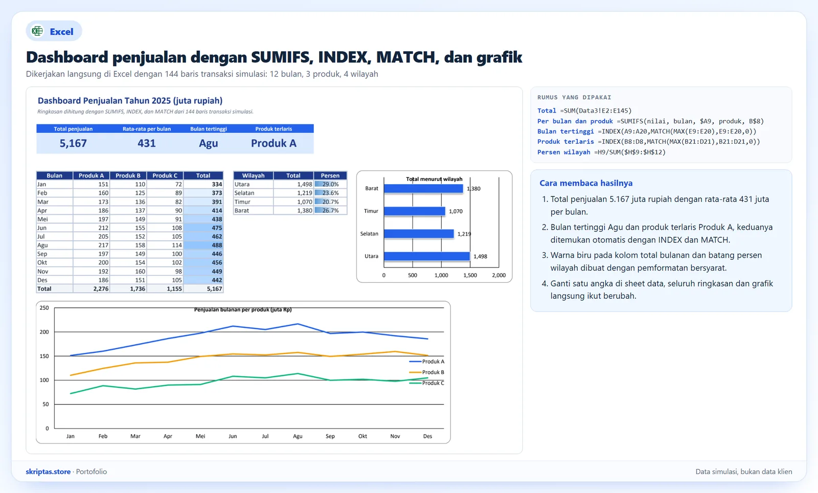 Dashboard penjualan di Excel: ringkasan SUMIFS per bulan, produk, dan wilayah, grafik garis dan batang, data simulasi