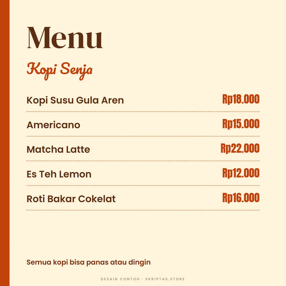 Contoh posting daftar menu untuk feed Instagram (merek fiktif)