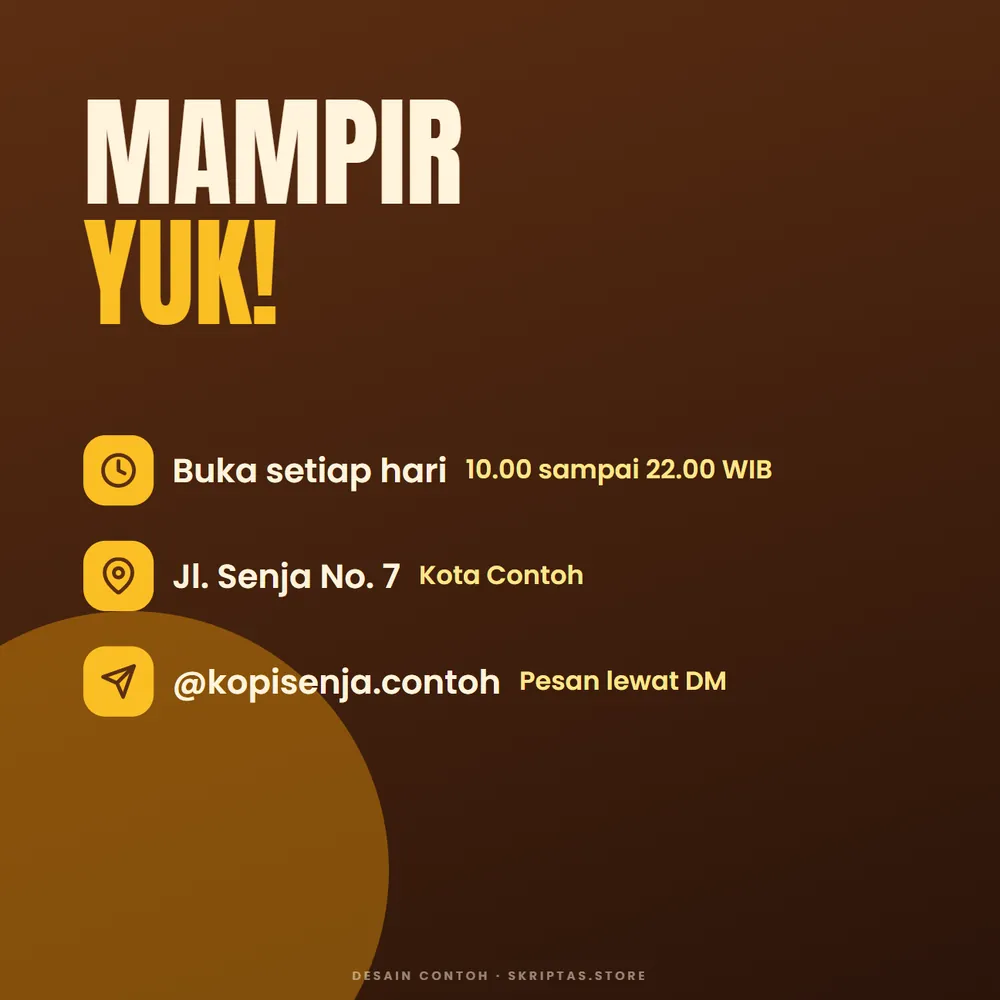 Contoh posting jam buka dan lokasi untuk feed Instagram (merek fiktif)