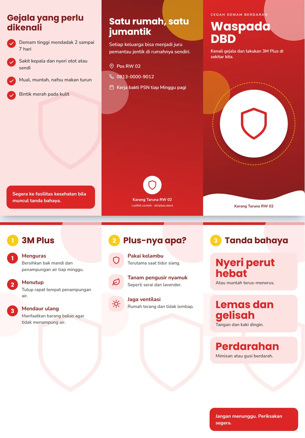 Contoh leaflet lipat tiga: waspada dbd, tampak luar dan dalam