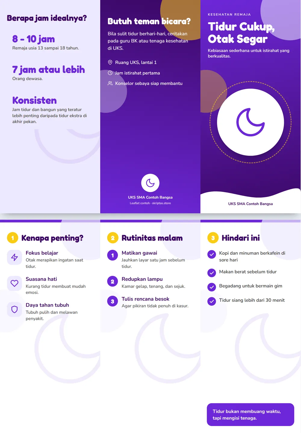 Contoh leaflet lipat tiga: tidur cukup untuk remaja, tampak luar dan dalam