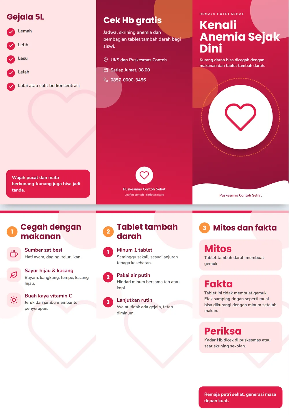Contoh leaflet lipat tiga: anemia remaja putri, tampak luar dan dalam