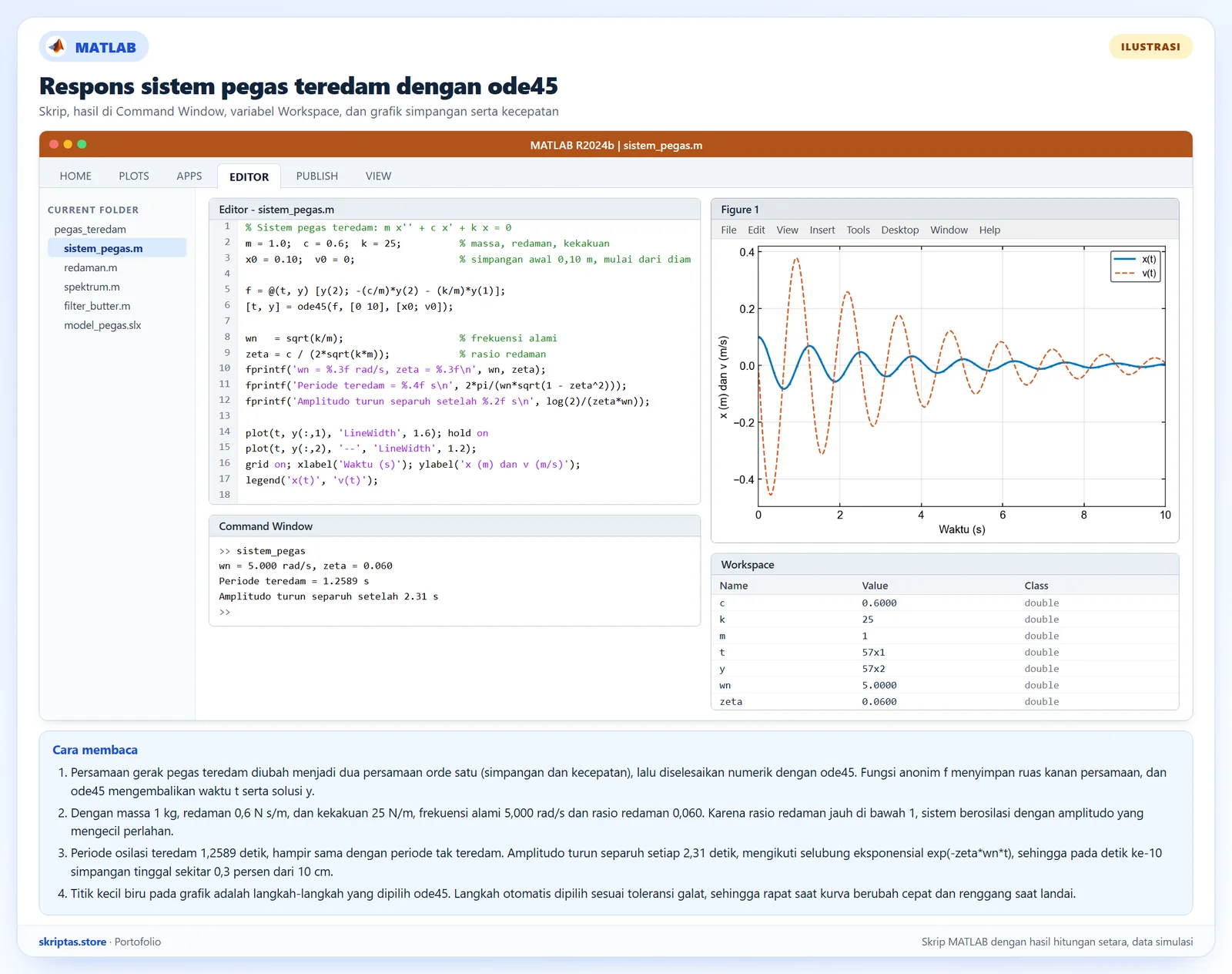 Tampilan MATLAB berisi skrip sistem pegas teredam, Command Window, Workspace, dan grafik simpangan dan kecepatan terhadap waktu dari ode45, ilustrasi dengan hasil hitungan setara