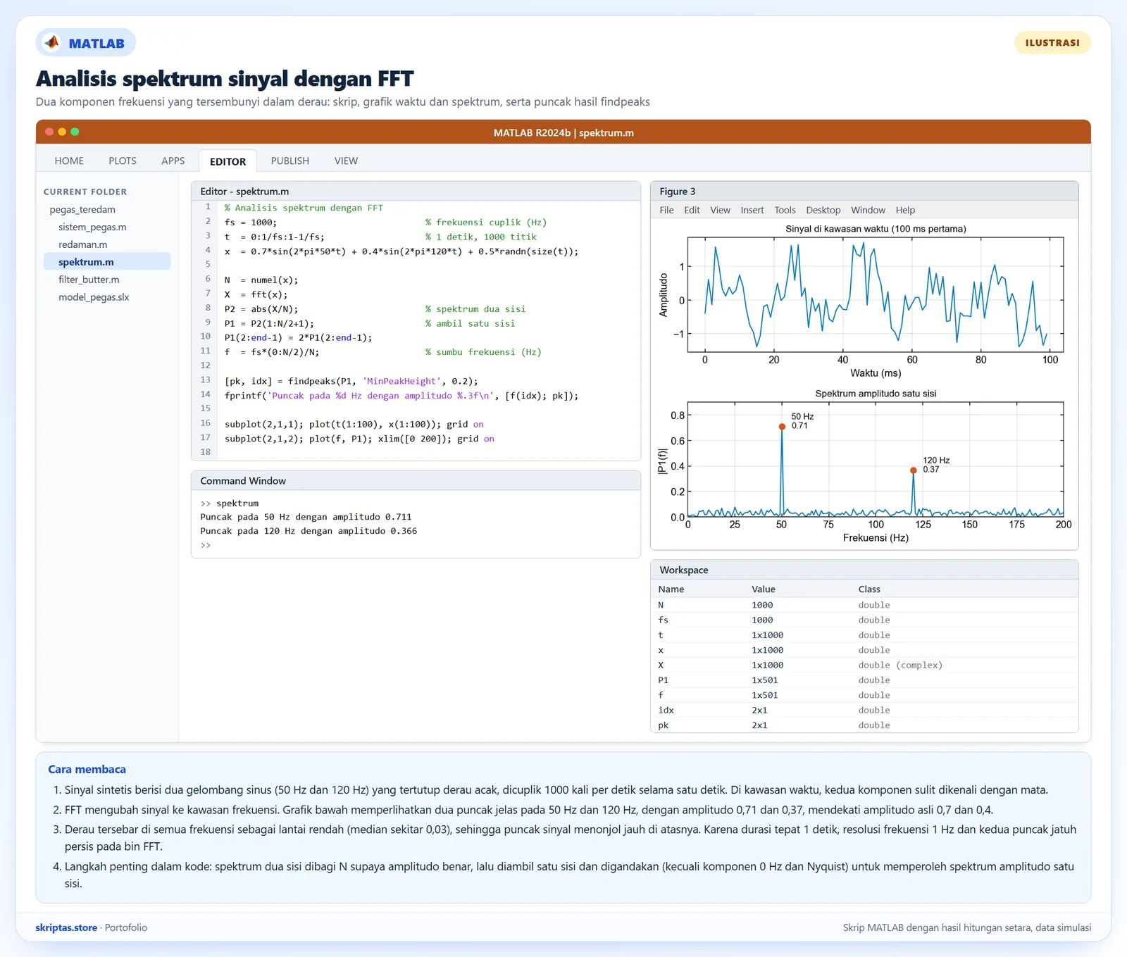 Tampilan MATLAB berisi skrip FFT, grafik sinyal di kawasan waktu dan spektrum amplitudo dengan dua puncak pada 50 Hz dan 120 Hz, serta hasil findpeaks di Command Window, ilustrasi dengan hasil hitungan setara