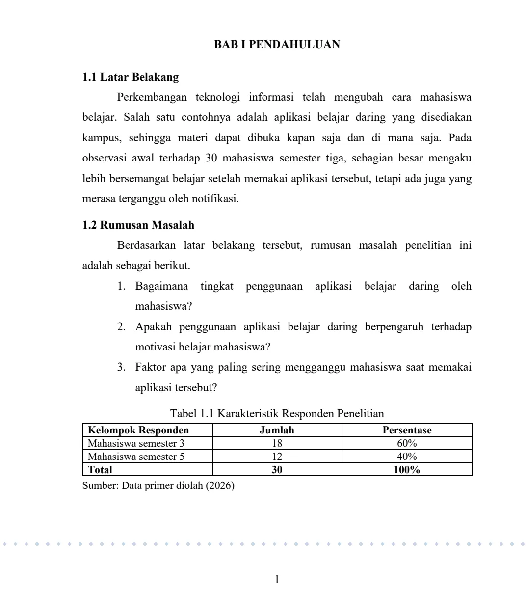 Contoh halaman sesudah perapian: margin baku, heading bertingkat, rincian bernomor, tabel hitam putih