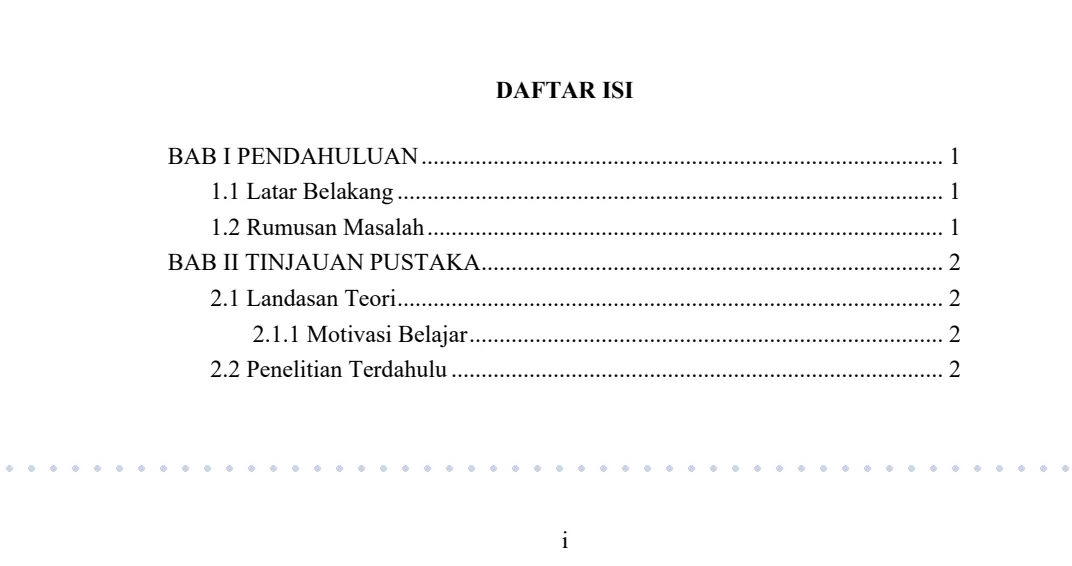 Contoh daftar isi otomatis dengan nomor halaman romawi