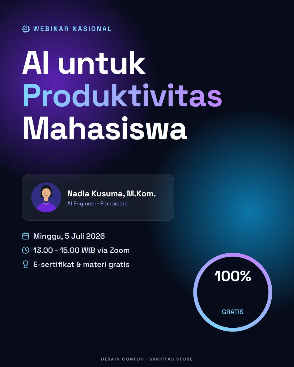 Contoh poster webinar teknologi, karya contoh dengan data fiktif