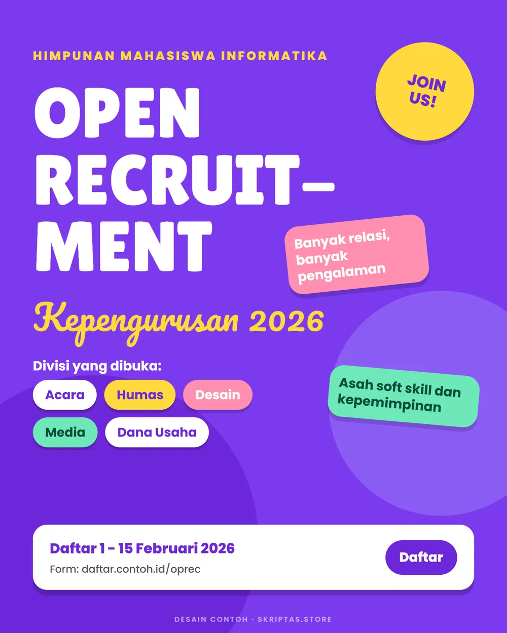 Contoh poster open recruitment organisasi, karya contoh dengan data fiktif