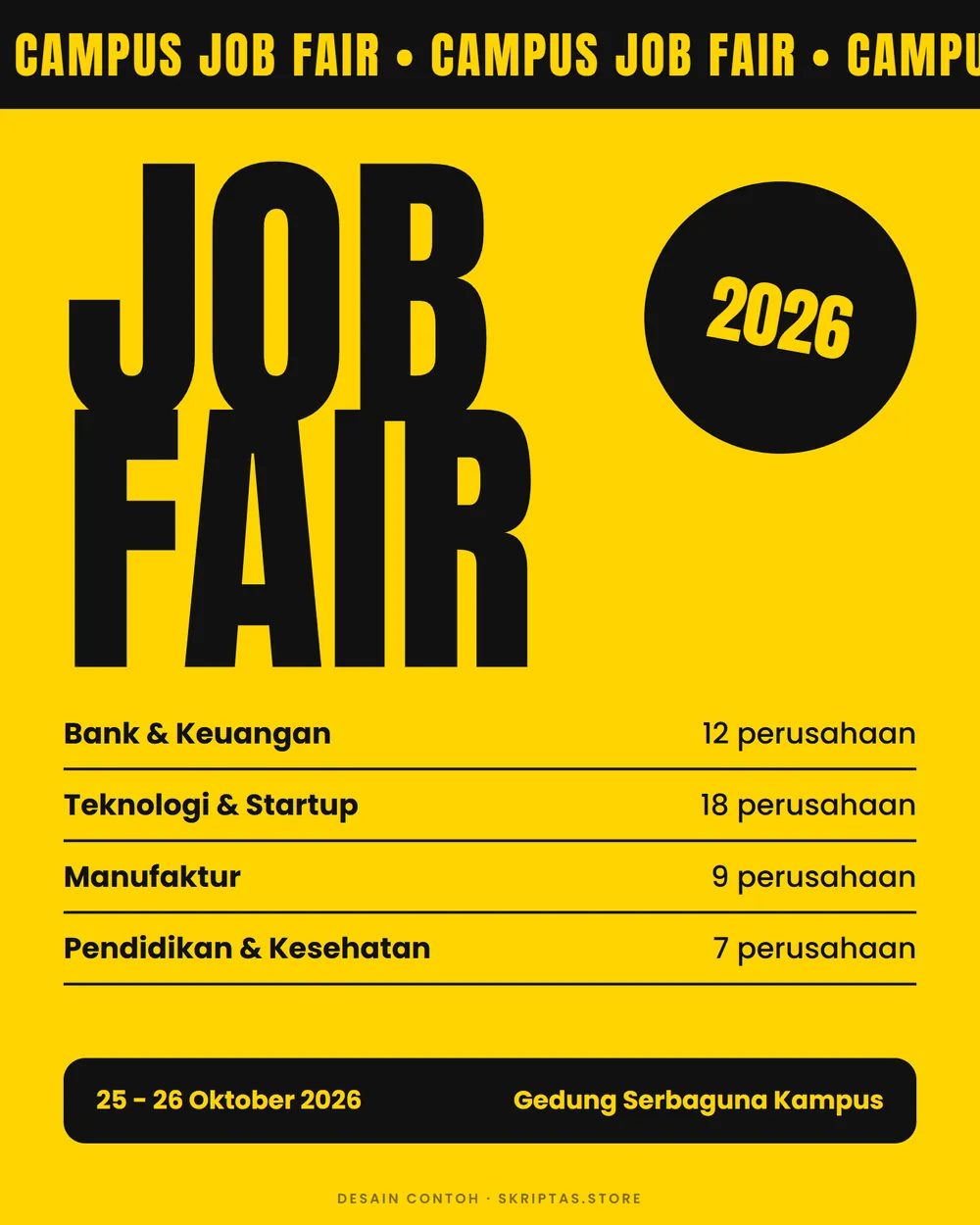 Contoh poster campus job fair, karya contoh dengan data fiktif