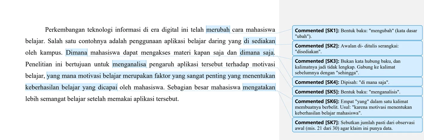 Contoh proofreading dengan komentar Word di margin: ejaan baku, penulisan di-, dan kalimat berbelit