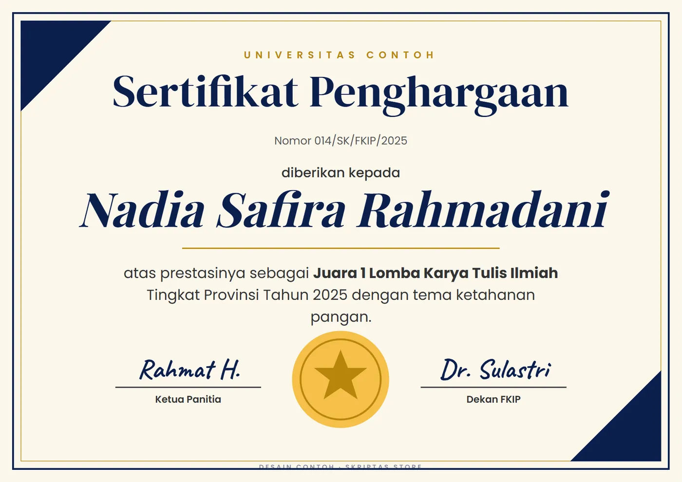 Contoh sertifikat penghargaan (karya contoh dengan data fiktif)