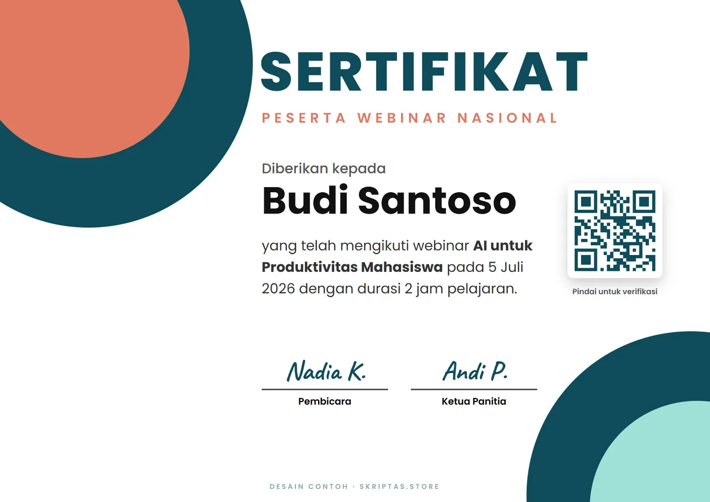 Contoh sertifikat peserta webinar (kode qr) (karya contoh dengan data fiktif)