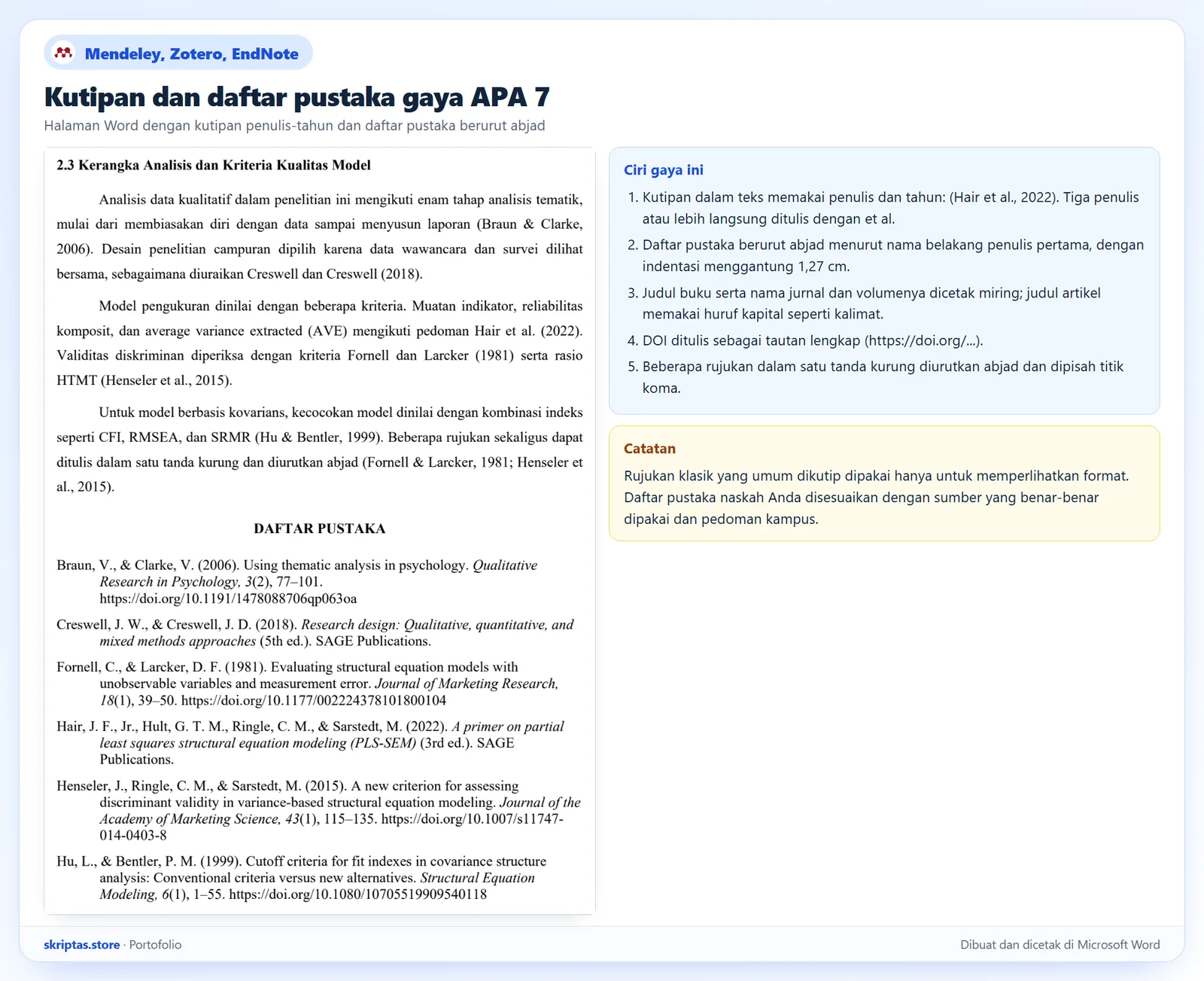 Halaman Word dengan sitasi dan daftar pustaka Gaya APA 7