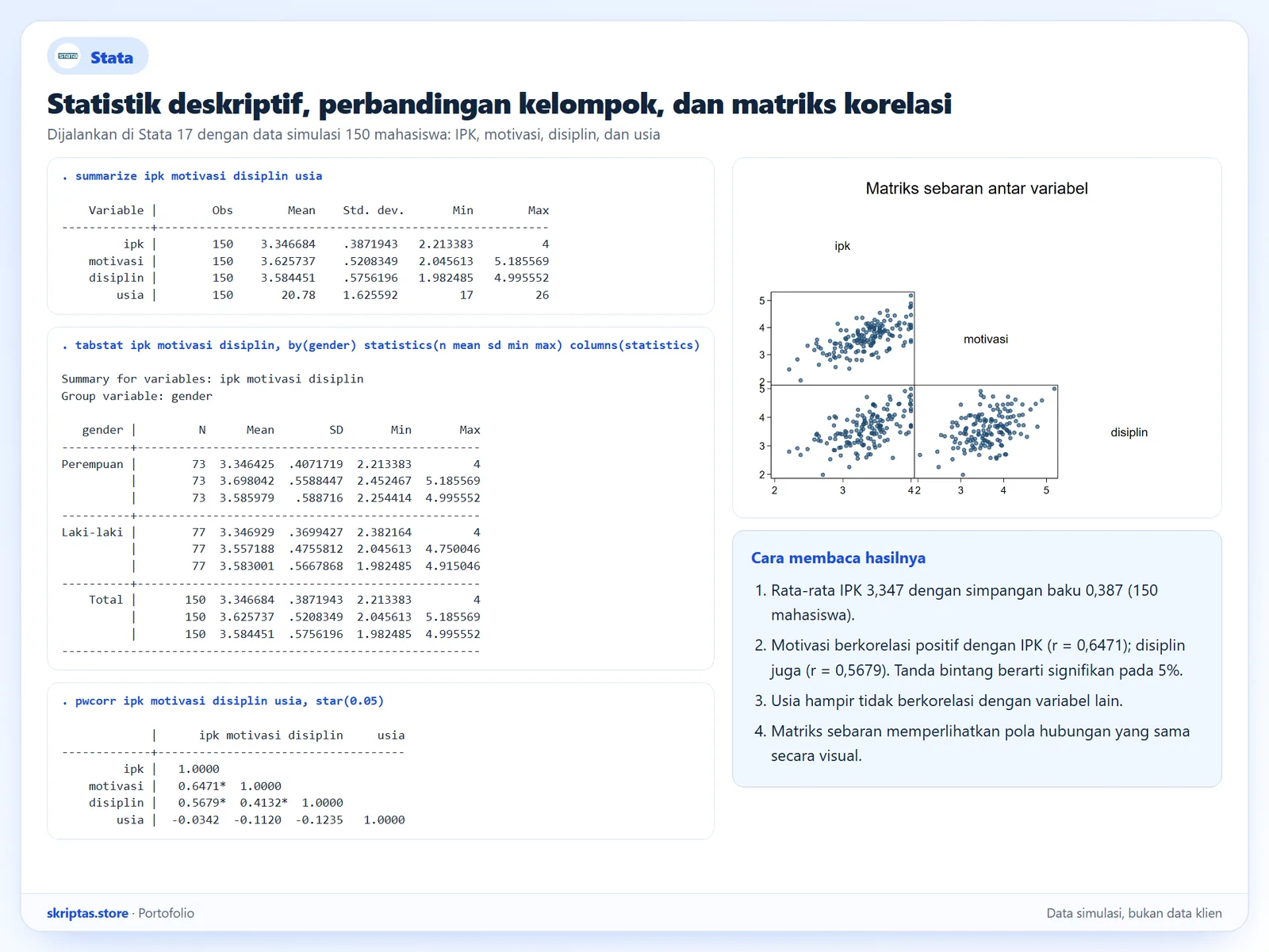 Statistik deskriptif, tabstat menurut gender, korelasi pwcorr, dan graph matrix di Stata, data simulasi