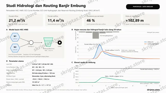 Contoh hasil pengerjaan HEC-HMS di portofolio Skriptas